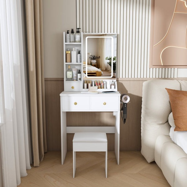 English Elm Modern Vanity Desk with Led Mirror 3 Drawers Built-in Outlet and Matching Chair White W509P465832