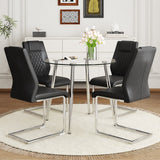 English Elm A Modern Minimalist Round Transparent Tempered Glass Table With Silver Metal Legs and 4 Modern Pu Leather High-Backed Dining Chairs For A Luxurious Experience.