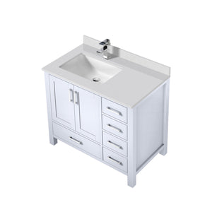 English Elm White 36 in. Bath Vanity with Left Offset White Quartz Top, Faucet Set, Soft-Close Drawers & Storage B2731P259019