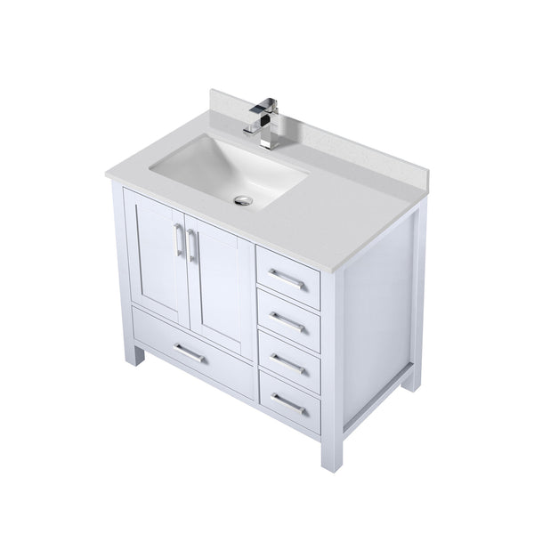 English Elm White 36 in. Bath Vanity with Left Offset White Quartz Top, Faucet Set, Soft-Close Drawers & Storage B2731P259019