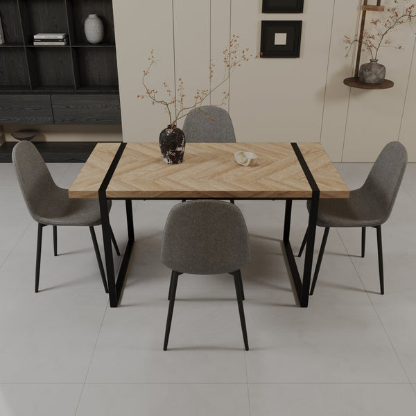 English Elm 59" Light Wood Mdf Dining Table Set With 4 Suede Chairs - Modern Farmhouse & Industrial Style W2189S00165