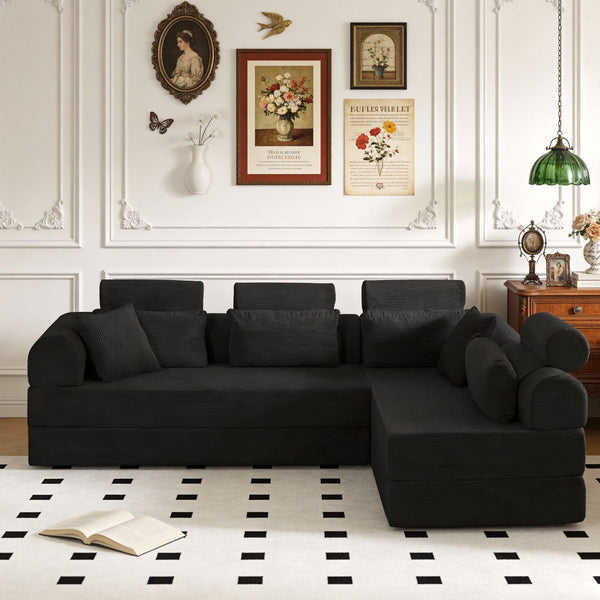 English Elm L Shaped Corduroy Sectional Sofa Converts to Sleeper Bed Space Saving Modular Couch Black W5532S00001