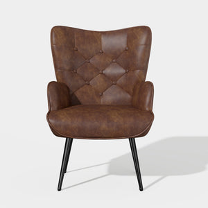 English Elm Elegant Upholstered Chair Ergonomic Wing-Back Armchair with PU Leather, Metal Legs, 150kg Capacity Brown T3950P394352