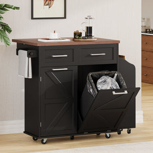 English Elm K&K 47.2" Farmhouse Kitchen Island with Drop Leaf, Removable Side Shelf, Trash Cabinet, Wheels Black N707P307296B