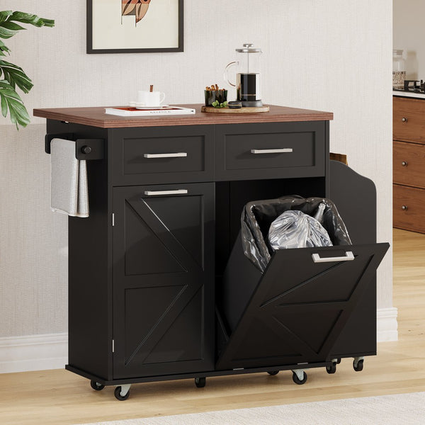 English Elm K&K 47.2" Farmhouse Kitchen Island with Drop Leaf, Removable Side Shelf, Trash Cabinet, Wheels Black N707P307296B