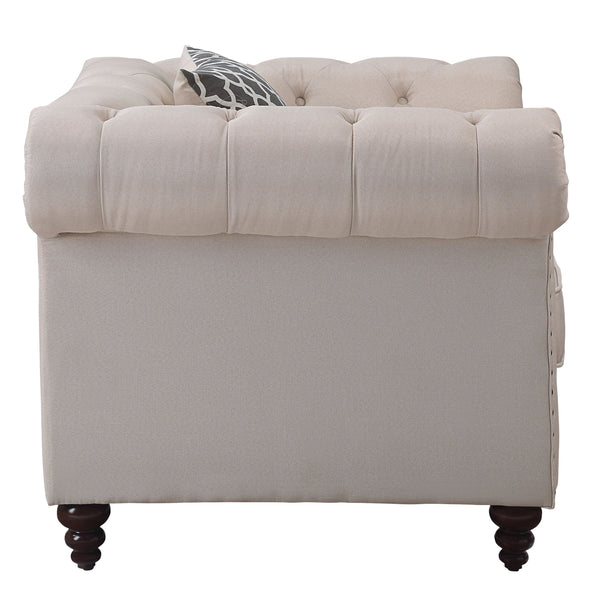 English Elm Aurelia Beige Linen Armchair with Tufted Chesterfield Arms, Nailhead Trim & Accent Pillow —luxury comfort B2726P255739