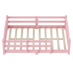 English Elm Full Montessori Pine Wood Floor Bed with Safety Rails Low Profile Kids Room Frame Pink N733P400299H