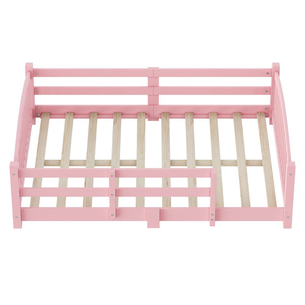 English Elm Full Montessori Pine Wood Floor Bed with Safety Rails Low Profile Kids Room Frame Pink N733P400299H