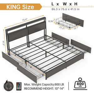 English Elm Queen Metal Platform Bed with Rgb Led Headboard Charging Station and Underbed Storage T3963P483004