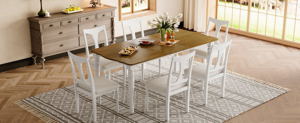English Elm 7-piece Oak Veneer Extendable Dining Set with 6 Upholstered Chairs for Farmhouse Kitchens Natural+White N752S100030K