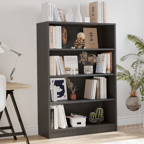 English Elm Grey Four Tier Open Bookcase Wide Melamine Shelving Unit for Office or Living Room T3623P437033