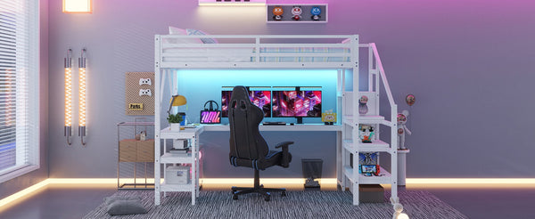 English Elm Metal Full Loft Bed with L Shaped Desk Wardrobe Rgb Lighting and Usb Charging White W2593S00054