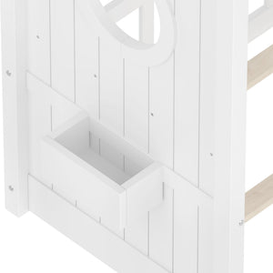 English Elm Twin House Floor Bed for Kids Montessori Playhouse with Roof, Built-In Shelf, Sturdy Pine Frame, Safeologna White 78.6 L x 16.6 W x 6.85 H N733P335064K