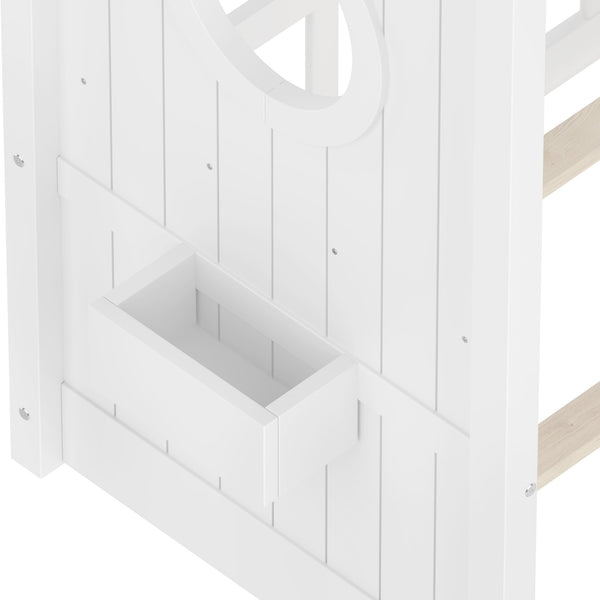 English Elm Twin House Floor Bed for Kids Montessori Playhouse with Roof, Built-In Shelf, Sturdy Pine Frame, Safeologna White 78.6 L x 16.6 W x 6.85 H N733P335064K