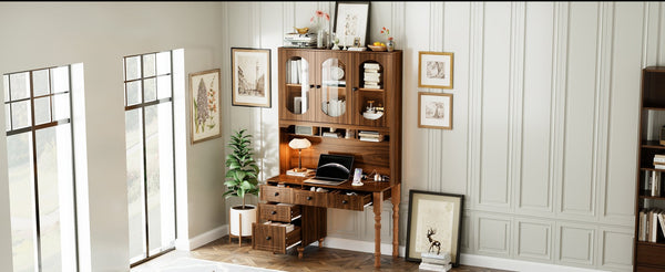 English Elm 47'' Retro Desk with Charging Ports, 5 Drawers & Glass-Door Hutch Cabinet for Home Office Walnut N733S357626D