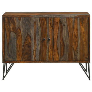 English Elm Komomo Sheesham Grey Buffet Cabinet with 1 Adjustable Shelf, Oatmeal Gold Accents & Dimmer Lighting B062P344888