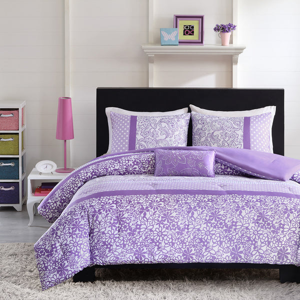 JLA Home Mi Zone - Comforter Riley multi-pattern stripe set in purple, grey & white with embroidered pillow, antimicrobial protection 90 L x 66 W x 1.5H MZ10-223