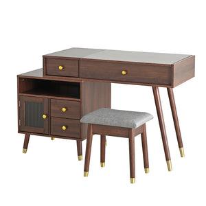 English Elm 3-in-1 Vanity Desk with LED Flip Mirror, Compact Makeup/Dressing Table with Storage Drawers & Stool Walnut N844P291656W