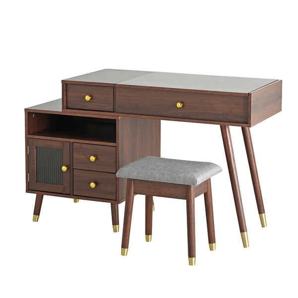 English Elm 3-in-1 Vanity Desk with LED Flip Mirror, Compact Makeup/Dressing Table with Storage Drawers & Stool Walnut N844P291656W