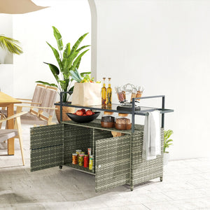 English Elm Outsunny Pe Rattan Outdoor Bar Cart with Glass Top Cabinet and Rolling Wheels W2225P485562