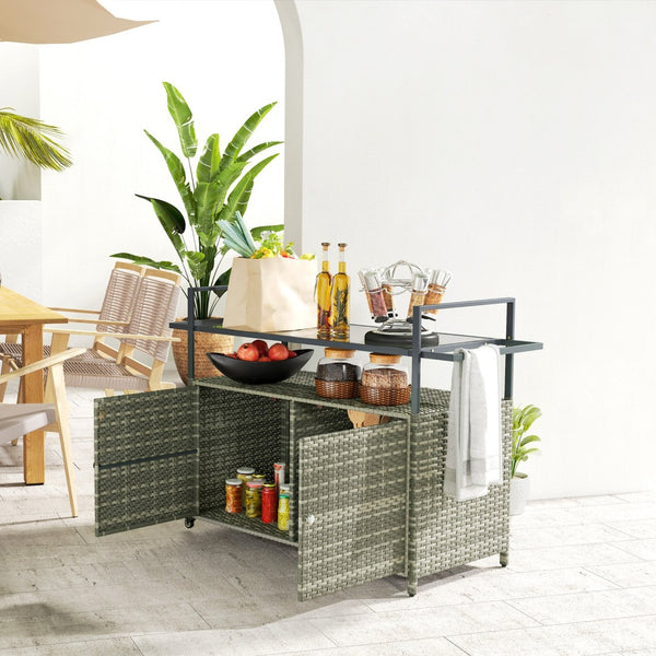 English Elm Outsunny Pe Rattan Outdoor Bar Cart with Glass Top Cabinet and Rolling Wheels W2225P485562