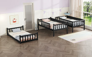 English Elm Twin Triple Rubberwood Bunk Bed with Ladders & Guardrails, Space-Saving Modular Design for Families Black W504S00173