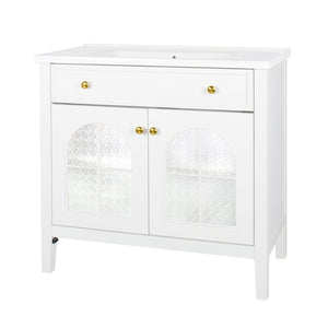 English Elm 35.6" Freestanding Bathroom Vanity with Roman Column Base and Ceramic Integrated Sink White W1801S00001
