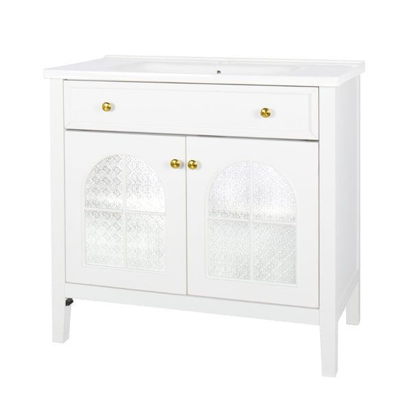 English Elm 35.6" Freestanding Bathroom Vanity with Roman Column Base and Ceramic Integrated Sink White W1801S00001