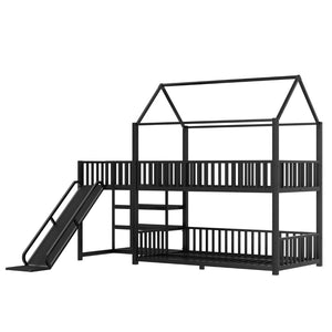 English Elm Full Metal House Bunk Bed with Slide Storage Stairs and Safety Rails for Kids W1580S00344