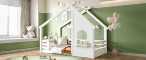 English Elm Twin House Bed Low Profile Pine Wood Frame with Shelf Montessori Kids Floor Sleeping White W5305P429642