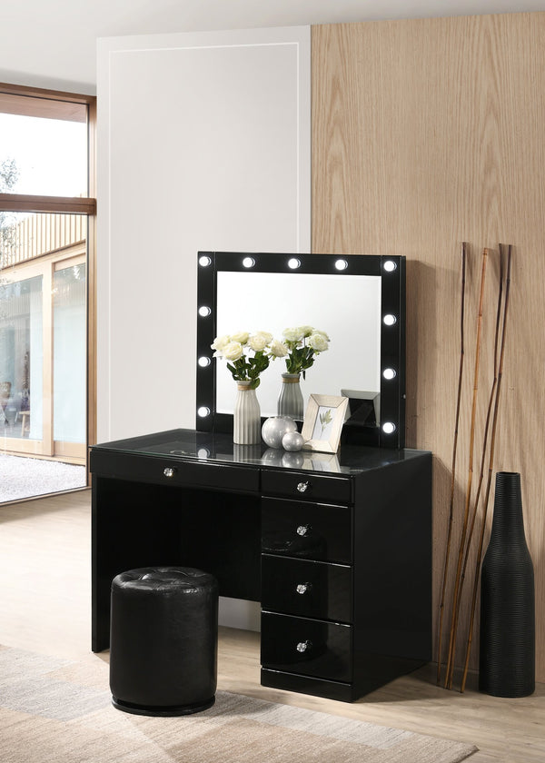English Elm 3pc Sleek Makeup Vanity Set with Lighted Mirror, Glass Top, 5 Storage Drawers & Swivel Stool Black 46.97 L x 25.87 W x 2 H B2741S00137