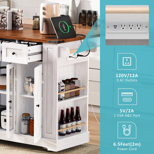English Elm K&k Farmhouse Rolling Kitchen Island with Drop Leaf Tempered Glass Drawers and Power Outlet White N707S263637W
