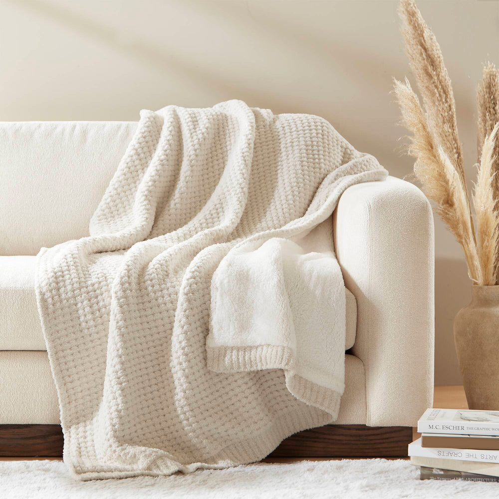 JLA Home Madison Park - Waffle Chenille Throw with Sherpa Reverse for Cozy Warmth, Textured Waffle Knit, Machine Washable Ivory MP50-8271