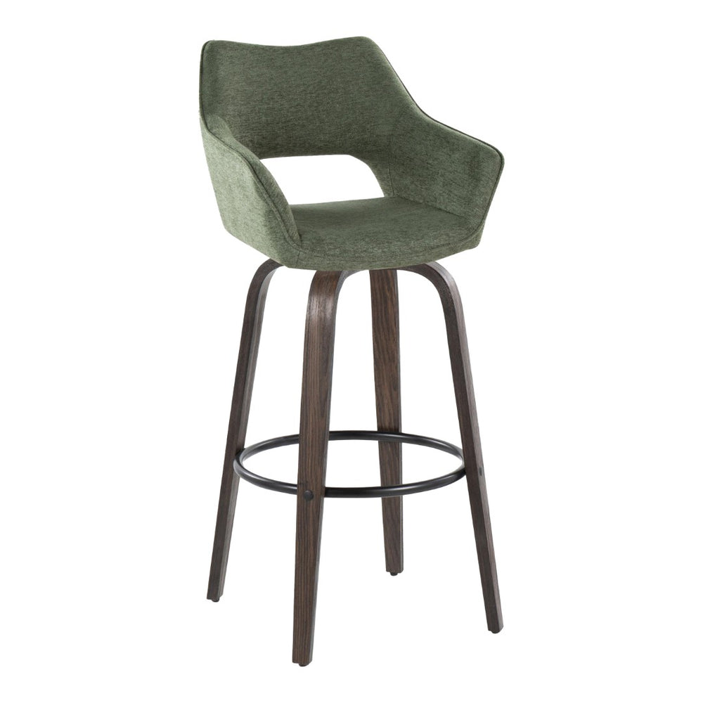 English Elm 30" Swivel Barstools Bentwood Walnut Legs Green Upholstery Cut-out Back Set of 2 B202S00629