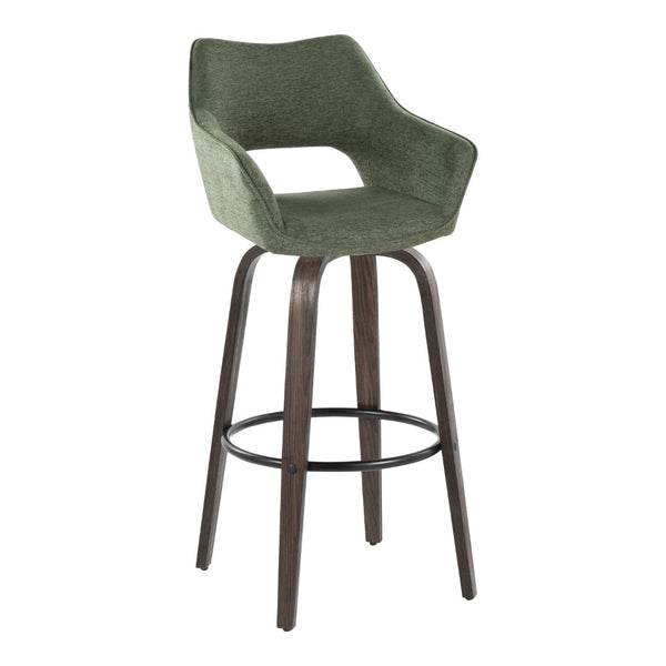 English Elm 30" Swivel Barstools Bentwood Walnut Legs Green Upholstery Cut-out Back Set of 2 B202S00629