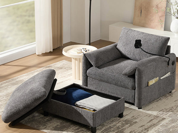 English Elm 37" Oversized Chenille Armchair with Ottoman Usb Charging Pocket Spring Living Room Gray N723P387145E