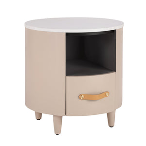 English Elm Christopher Knight Home® - Contemporary Round Nightstand with Drawer & Open Shelf, Curved Bedside Table with Leather Handles khaki 22 L x 22 W x 19.75 H N761P285708M
