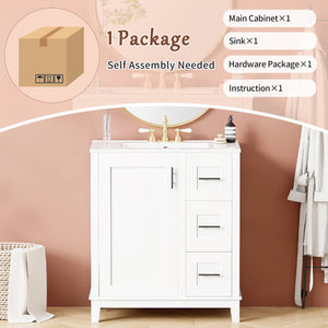 English Elm 30-inch Modern Bathroom Vanity with Ceramic Basin, Rubberwood Frame, Soft-Close Drawers & Organized Storage White N729P290689K