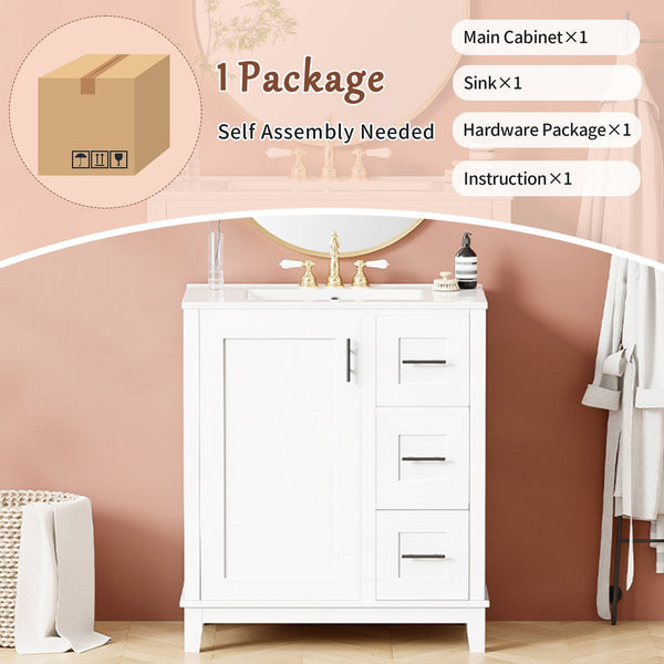 English Elm 30-inch Modern Bathroom Vanity with Ceramic Basin, Rubberwood Frame, Soft-Close Drawers & Organized Storage White N729P290689K