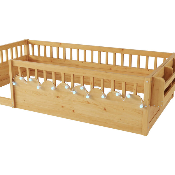 English Elm Twin Montessori Floor Bed Frame with High Rails and Built-In Light Shelf for Safe Independent Sleep Natural 79.13 L x 13 W x 6.3 H W2593P333571