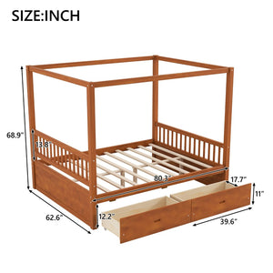 English Elm Wooden Canopy Queen Bed Solid Frame with Built-in Storage Drawers Slatted Base Walnut N7090005036L