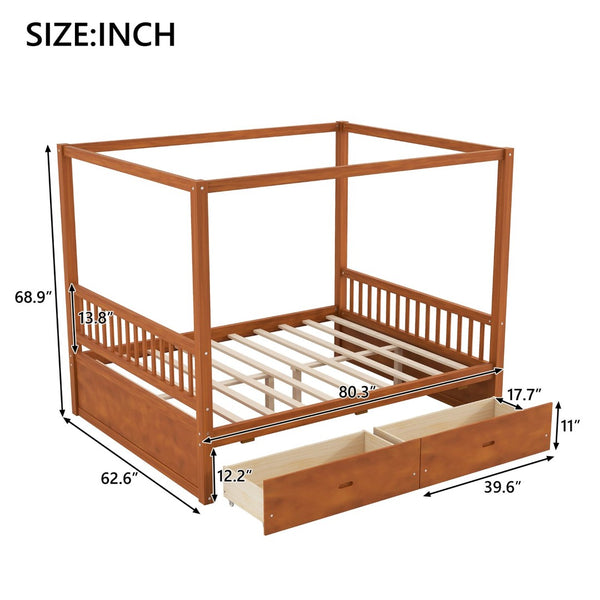 English Elm Wooden Canopy Queen Bed Solid Frame with Built-in Storage Drawers Slatted Base Walnut N7090005036L