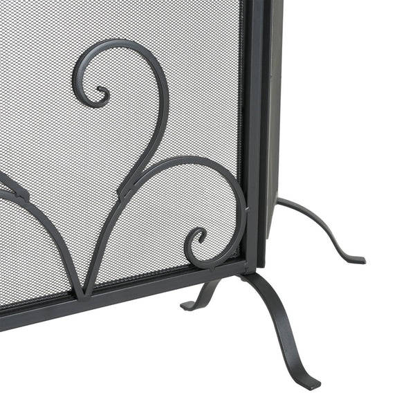 English Elm Onyx 3-panel Forged Iron Fireplace Screen with Fleur-de-lis Scrollwork Matte Black N775P386819B