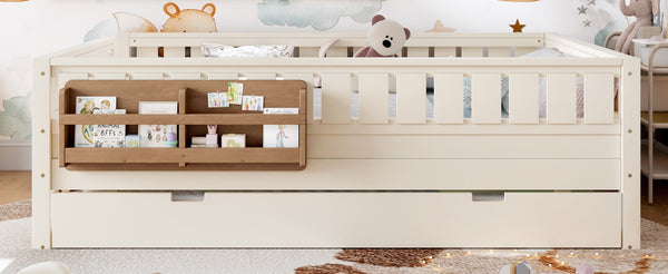 English Elm Queen Bunk Bed with Trundle Solid Pine Kids Car Themed Frame Built-in Bookshelf Beige W1580S00562