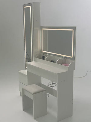 English Elm Full Bedroom Vanity Set with Led Round Mirror Touch Lighting Stool and Cabinet Storage White W3258S00007