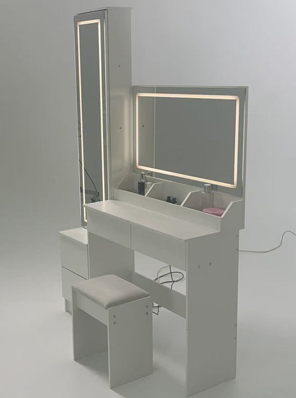 English Elm Full Bedroom Vanity Set with Led Round Mirror Touch Lighting Stool and Cabinet Storage White W3258S00007