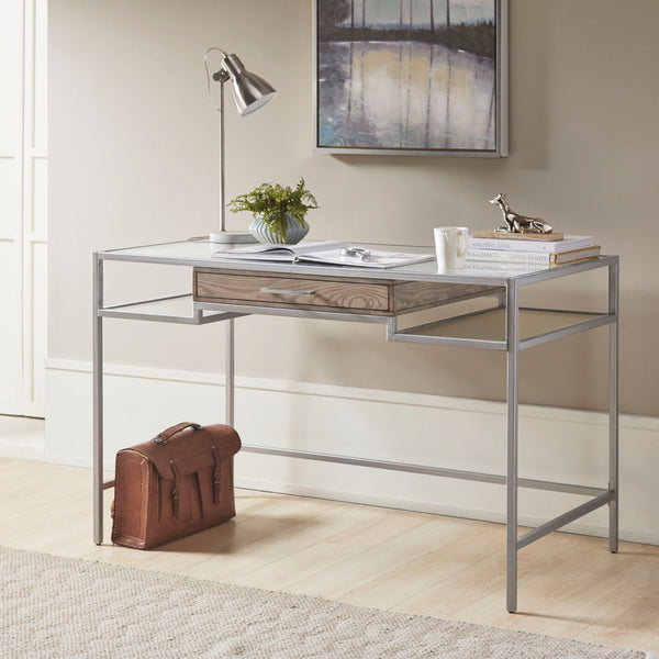 JLA Home Madison Park - Writing Desk with Tempered Glass Top, Brushed Silver Metal Frame, Minimalist Drawer & Open Legs MP122-0923