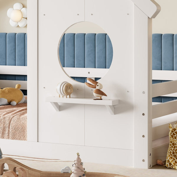 English Elm Twin House Bed Low Profile Pine Wood Frame with Shelf Montessori Kids Floor Sleeping Light White W5305P429644