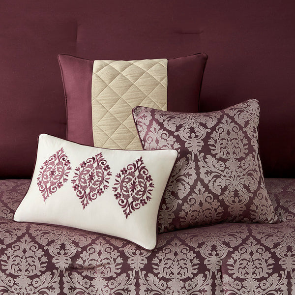 JLA Home Madison Park - 6 Piece Jacquard Comforter Set with Embroidered Mink Accents, Hypoallergenic, Damask Elegance Plum MP10-8409