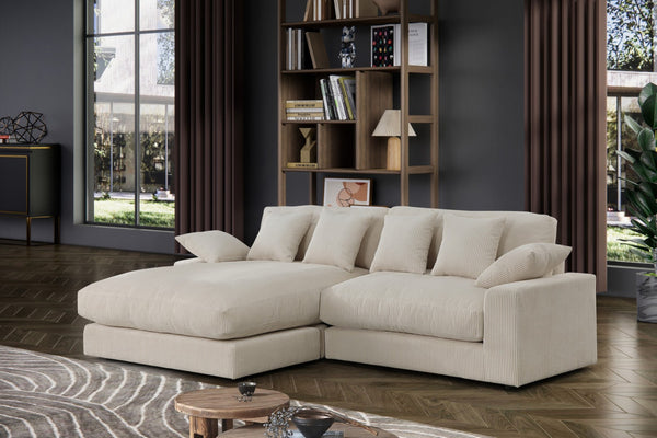 English Elm Astra Corduroy Reversible Sectional Sofa with Chaise Six Pillows Casual Living Room Beige B2749S00210